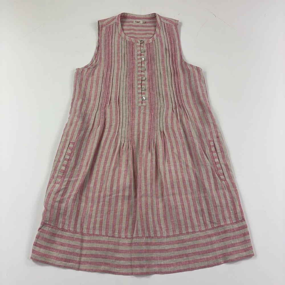 Faherty Dress Womens Small Pink Striped Linen Sleeveless Shirt Sundress Pockets